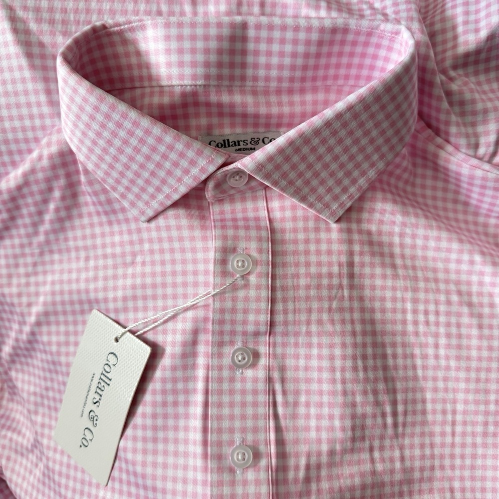 NWT Collars and Co Polo Medium Semi-Spread Collar Pink Gingham Mens Golf Casual~ - Picture 2 of 2